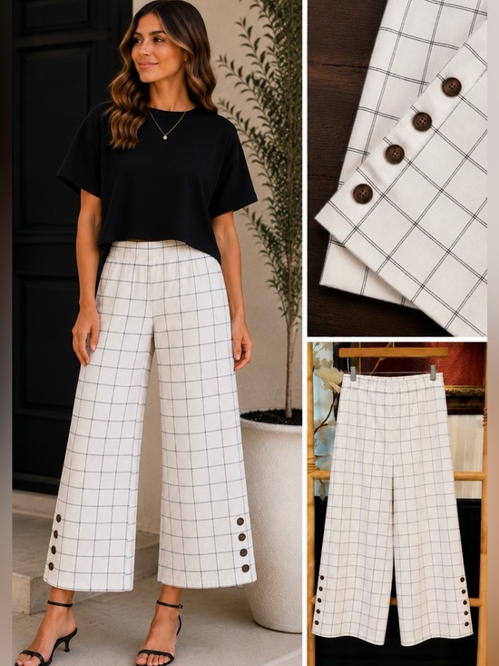 Skies Are Blue Pants - Skies Are Blue Windowpane Plaid Wide Leg Crop Pull On Pants Button Hem Sz S 💛🍄